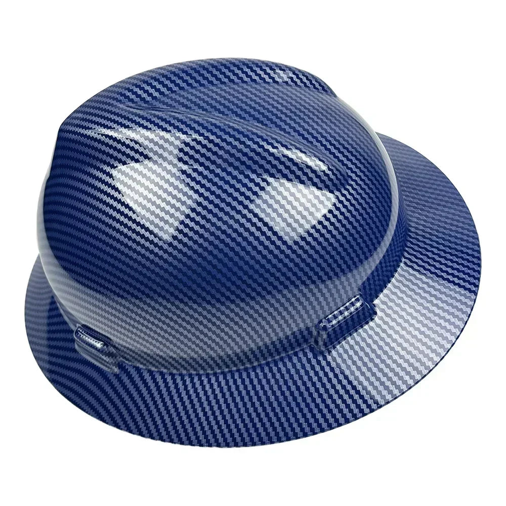 Carbon fiber full brim hard hat with 6-point suspension and adjustable chin strap for superior industrial head protection