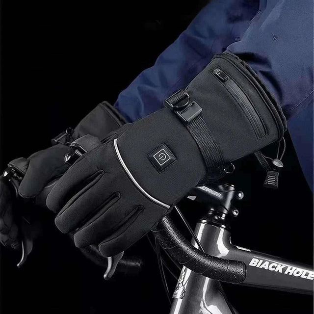 Black electric heated gloves for winter with waterproof design and battery case for snowmobile use