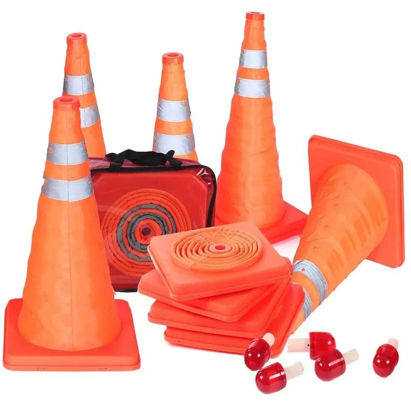 Orange Foldable Traffic Cone with LED Light & Reflective Stripes