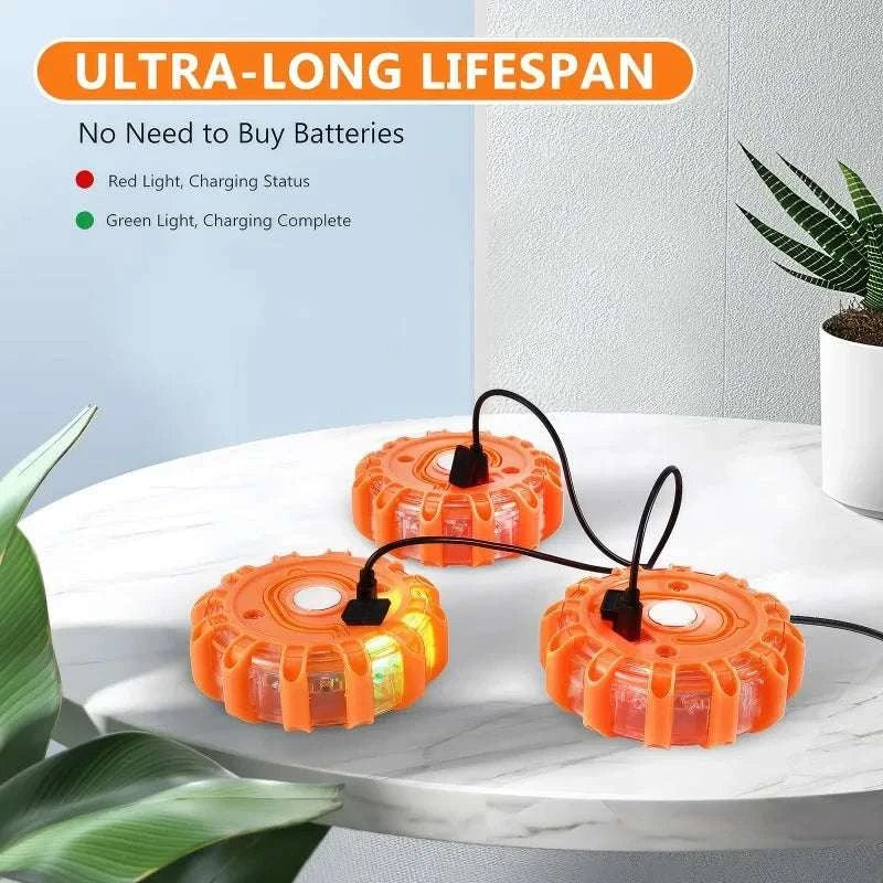 USB Rechargeable LED Road Flares, 3-Pack with Magnetic Base