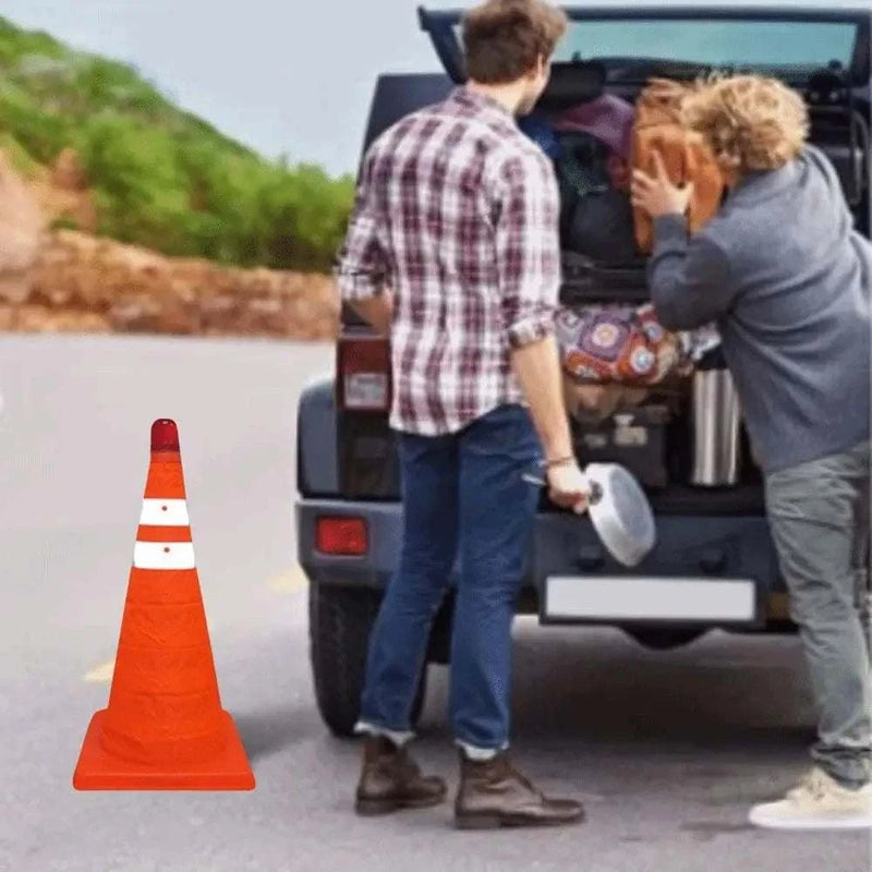 Orange Foldable Traffic Cone with LED Light & Reflective Stripes